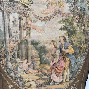 Antique Vintage Aubusson Woven Tapestry Serment a Amour Couple & Cherubs 36x54